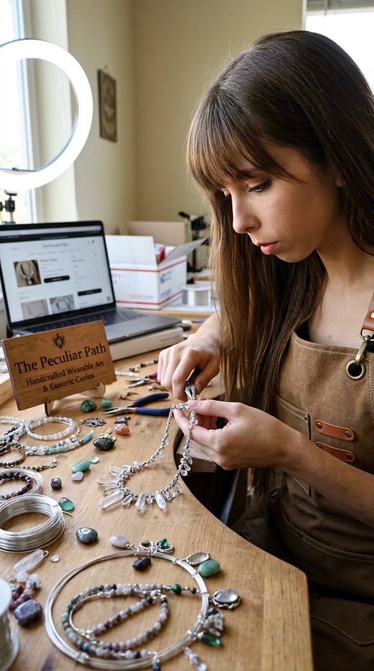 Lorra assembling jewelry at her workbench in The Peculiar Path studio
