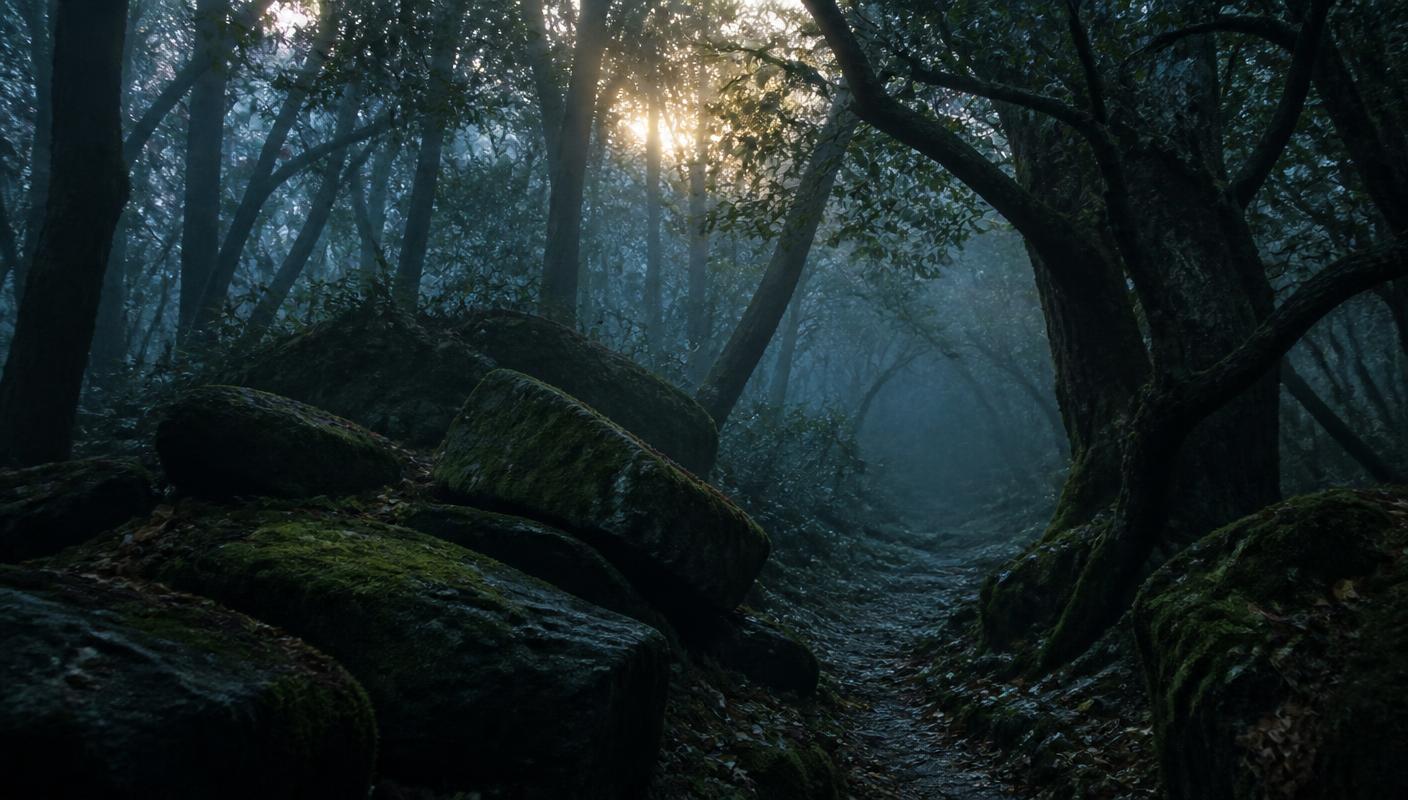 A misty Appalachian trail passing moss-covered stones