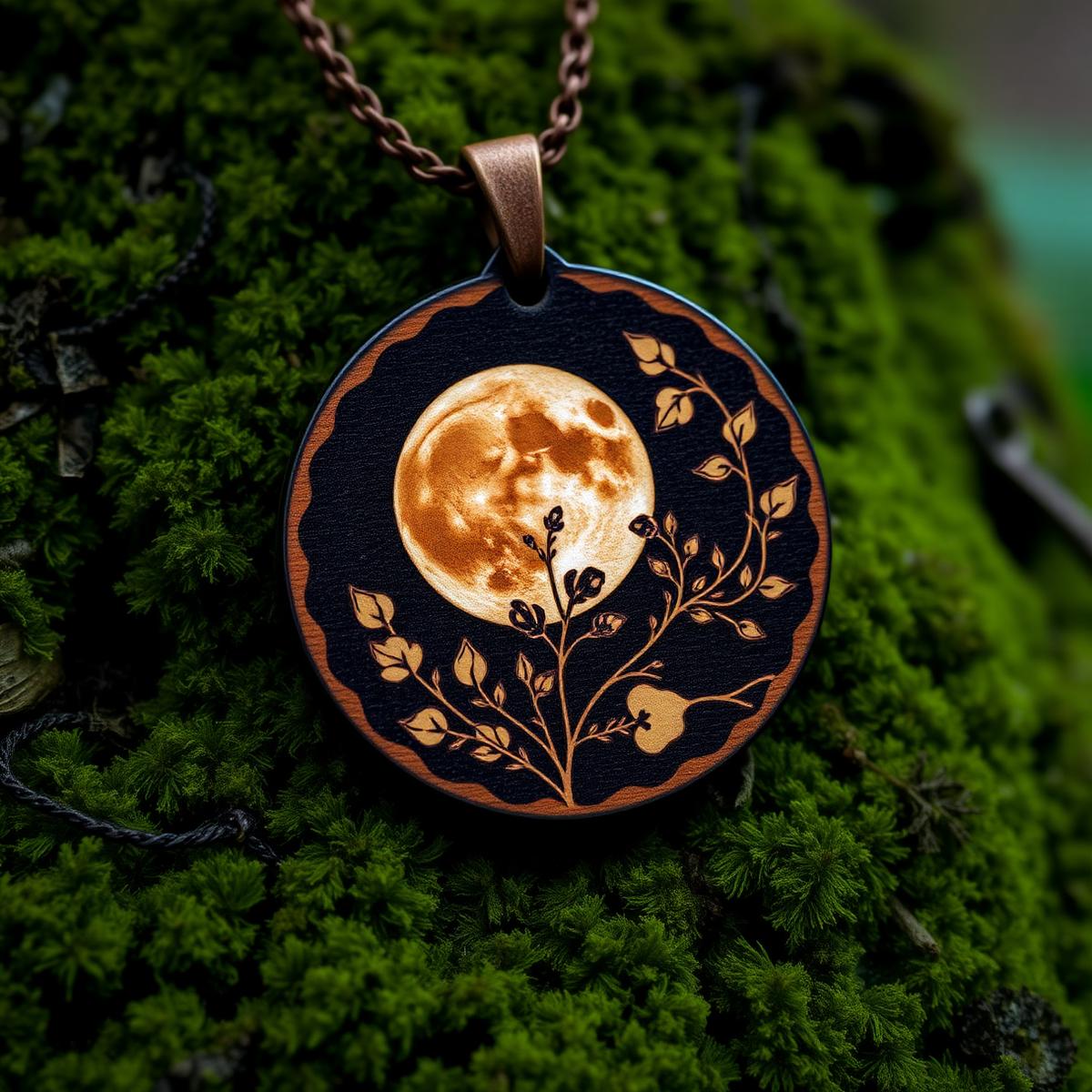 A laser-engraved wooden pendant resting on weathered stone in soft low light