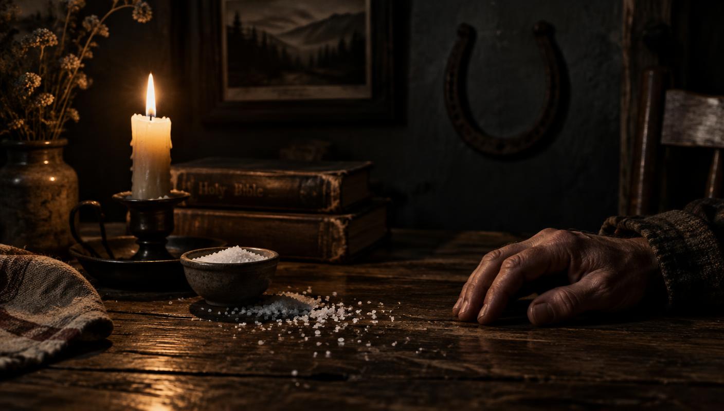Candlelight on a weathered table with spilled salt and an iron horseshoe on the wall
